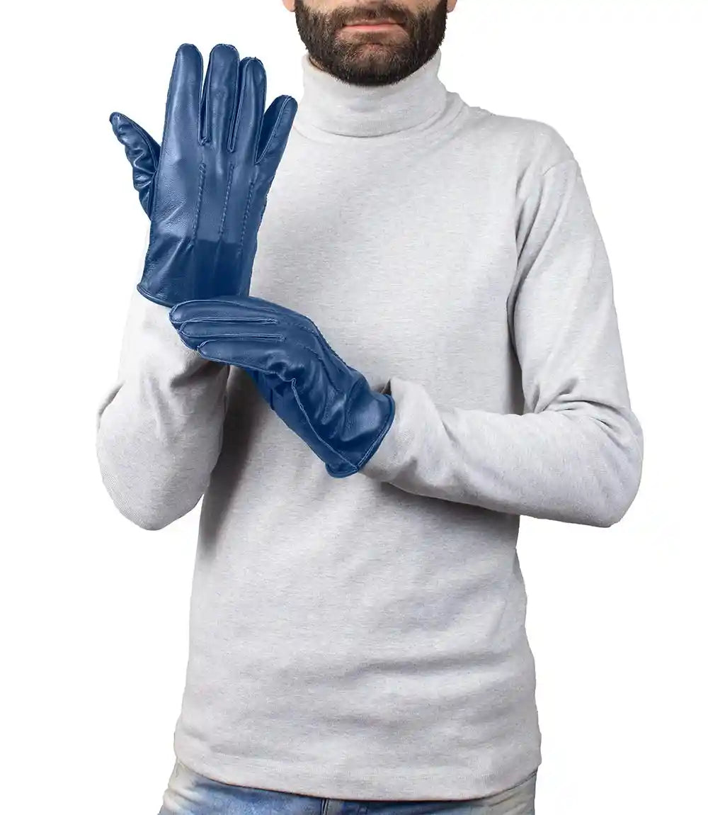 Mens Real Leather Blue Gloves