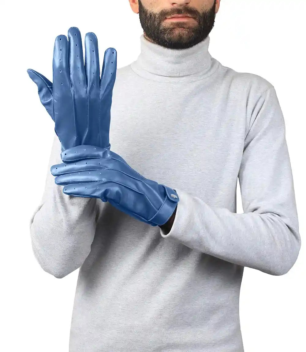 Mens Blue Leather Gloves With Adjustable Wrist