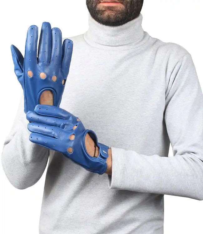 Mens Real Leather Blue Driving Gloves