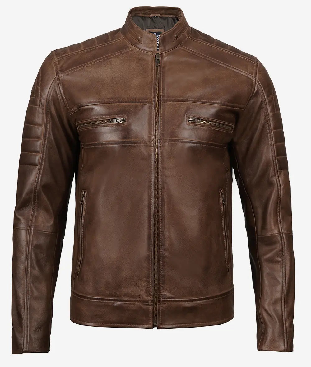 Mens Coffee Brown Cafe Racer Leather Jacket