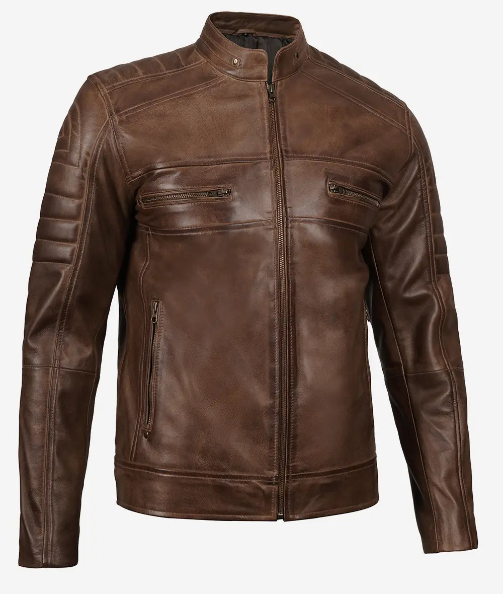 Mens Coffee Brown Cafe Racer Leather Jacket