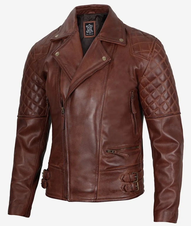 Frisco Quilted Sleeves Asymmetrical Rustic Oxblood Brando Motorcycle Leather Jacket
