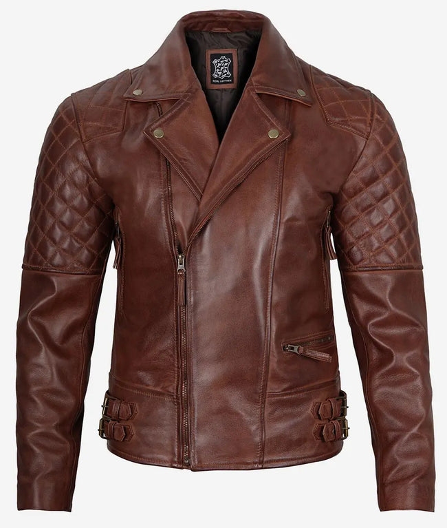 Frisco Quilted Sleeves Asymmetrical Rustic Oxblood Brando Motorcycle Leather Jacket