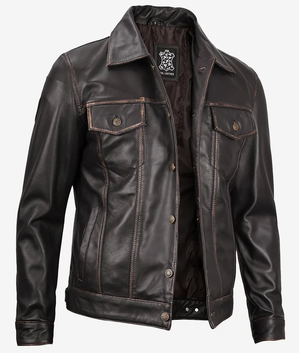Mens Dark Brown Leather Trucker Jacket