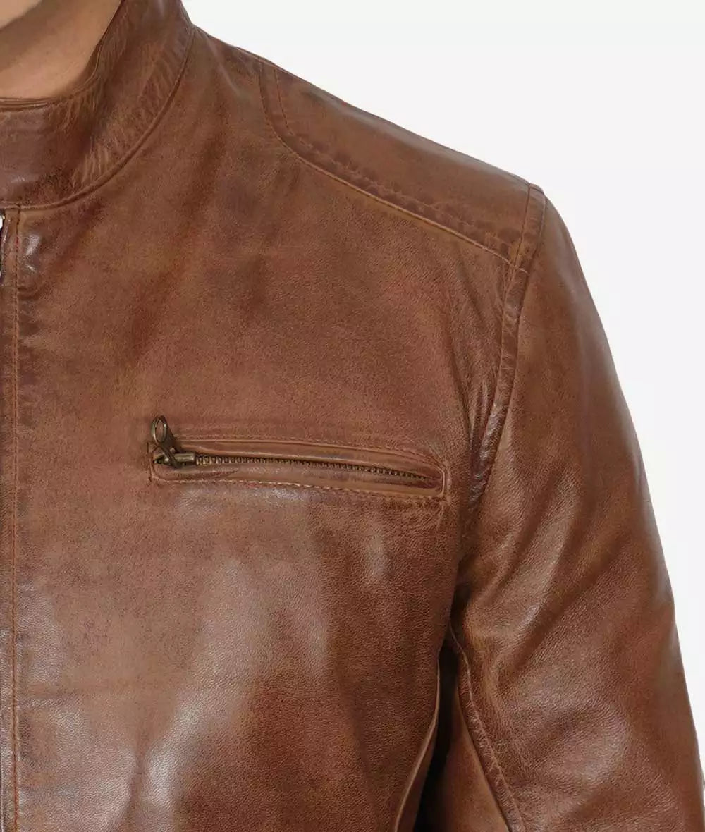 Mens Chocolate Brown Cafe Racer Motorcycle Leather Jacket