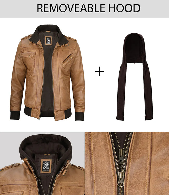 Mens Camel Brown Bomber Leather Jacket With Hood