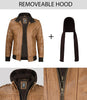 Mens Camel Brown Bomber Leather Jacket With Hood