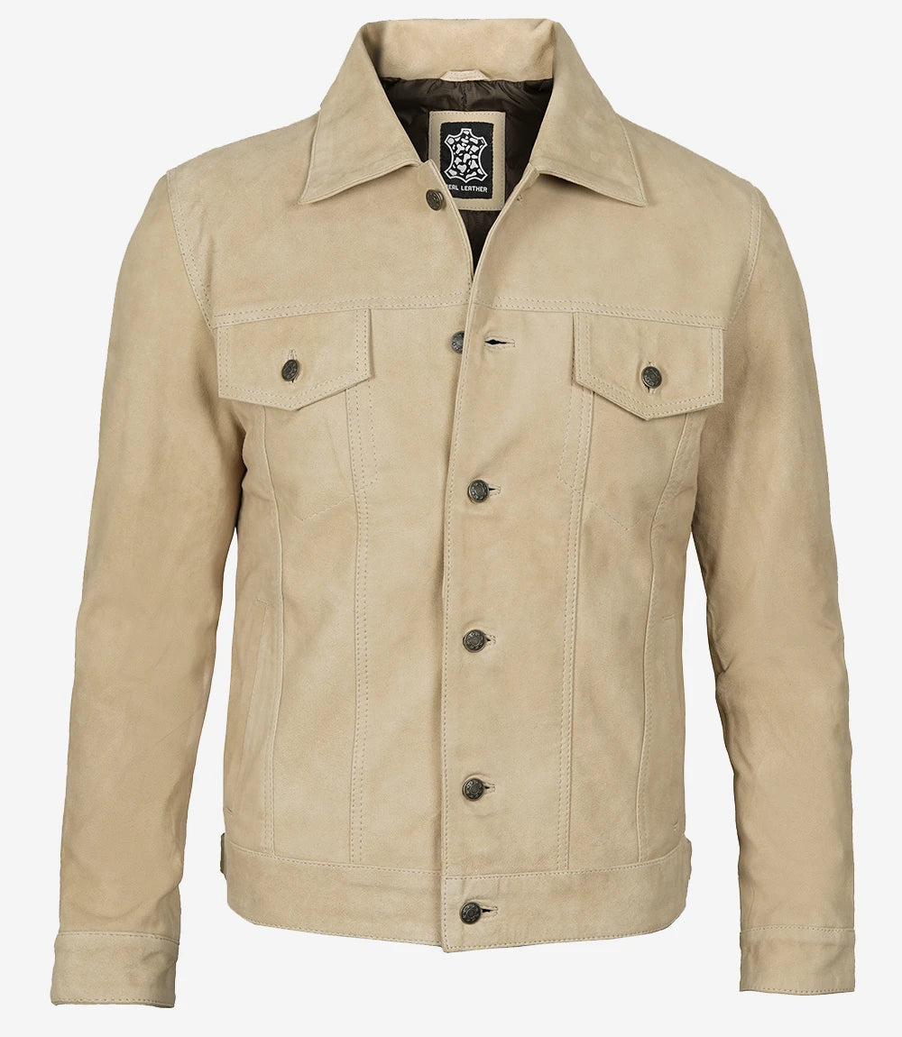 Mens Camel Suede Trucker Jacket