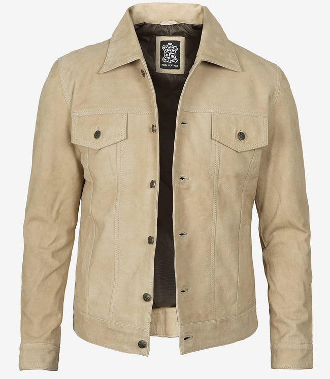 Mens Camel Suede Trucker Jacket
