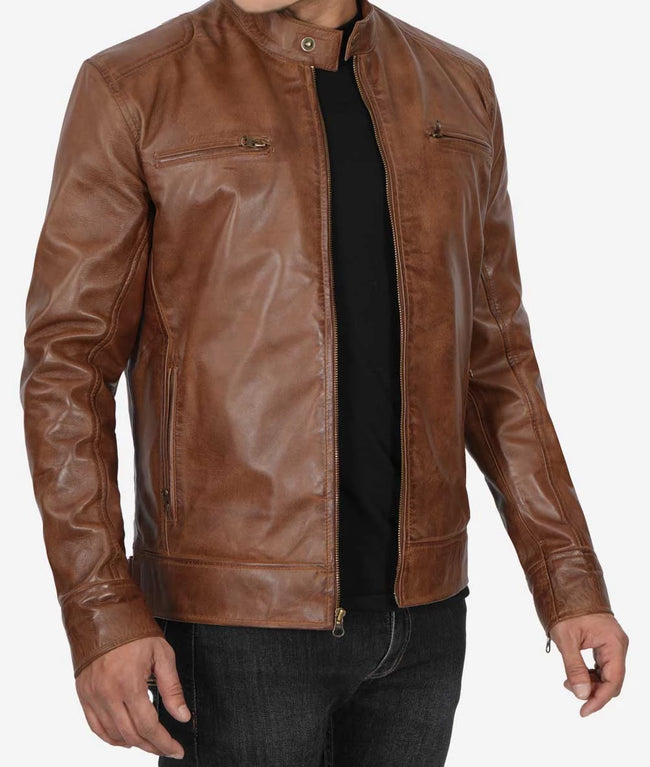 Mens Chocolate Brown Cafe Racer Motorcycle Leather Jacket