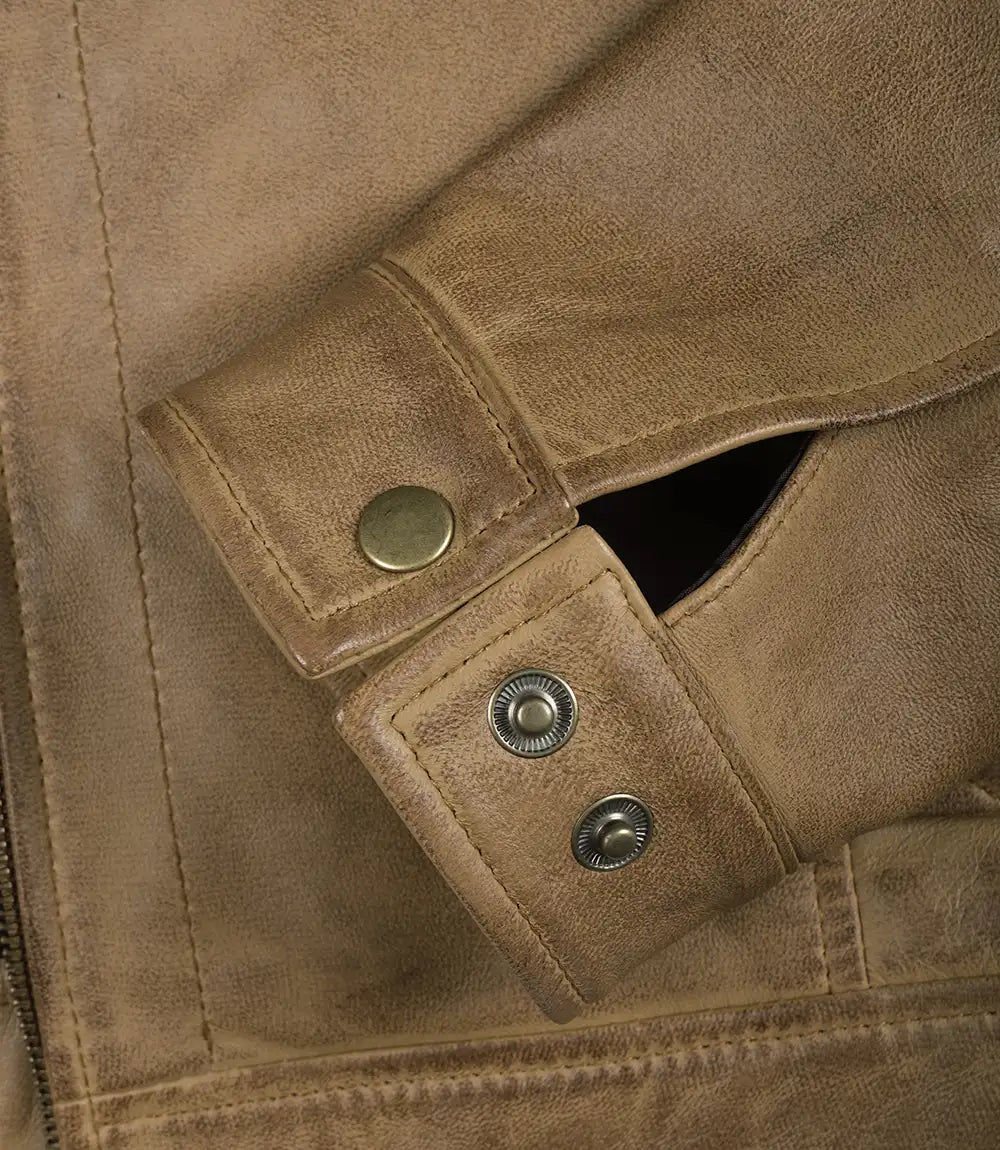 Mens Shirt Collar Yellow Waxed Leather Jacket 