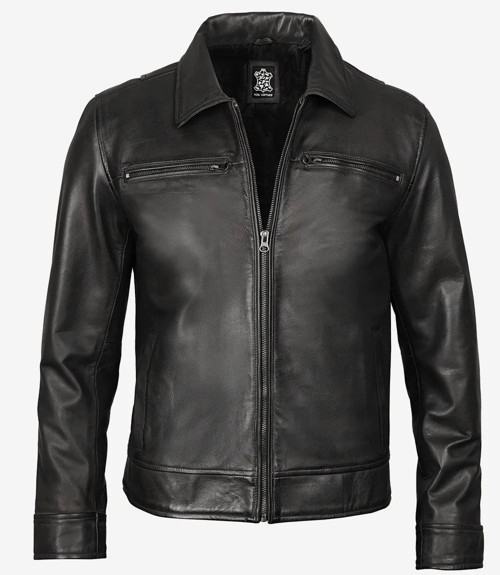 Mens Classic Shirt Collar Black Leather Jacket