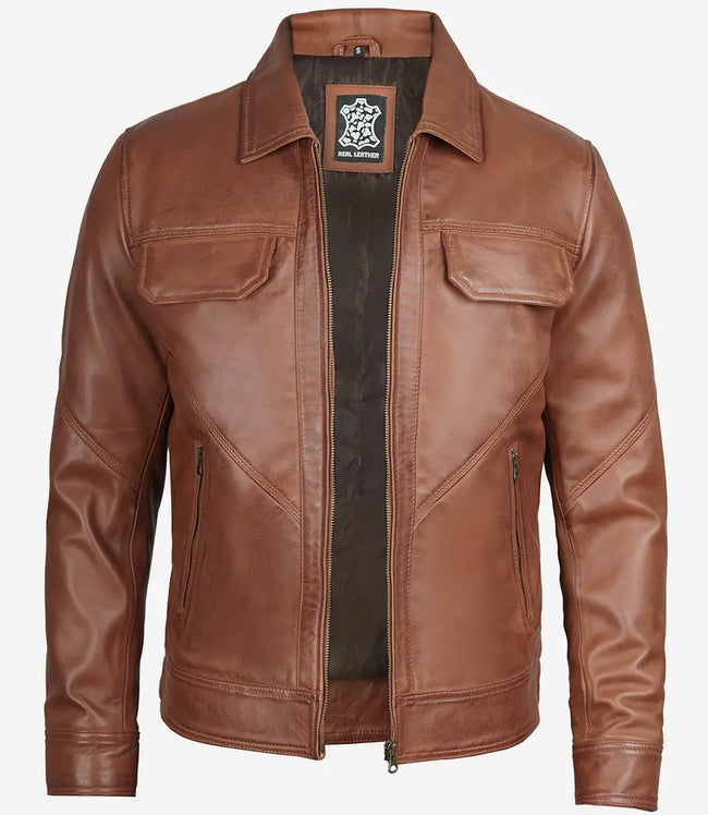 Mens Classic Shirt Collar Cognac Trucker Leather Jacket