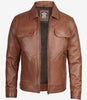 Mens Classic Shirt Collar Cognac Trucker Leather Jacket