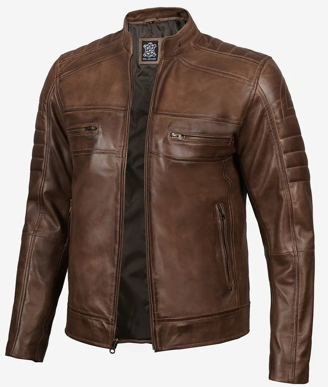 Mens Coffee Brown Cafe Racer Leather Jacket
