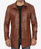 Mens Tall Cognac Waxed Brown Mid Length Leather Car Coat
