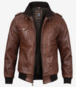 Brown Leather Bomber Jacket With Hood