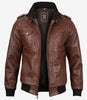 Brown Leather Bomber Jacket With Hood