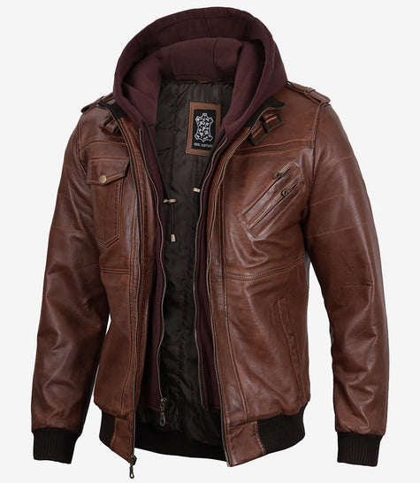 Brown Leather Bomber Jacket With Hood