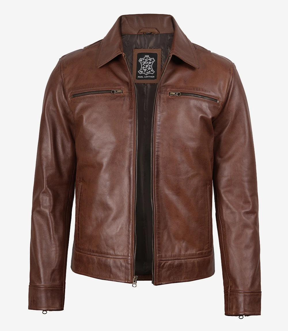 Mens Classic Shirt Collar Cognac Leather Jacket