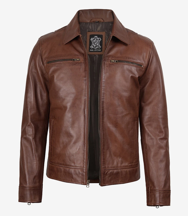 Mens Classic Shirt Collar Cognac Leather Jacket