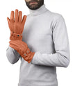 Mens Cognac Lined Real Leather Gloves