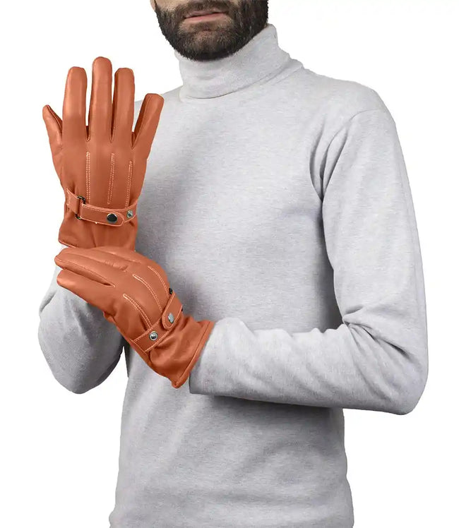 Mens Cognac Lined Real Leather Gloves