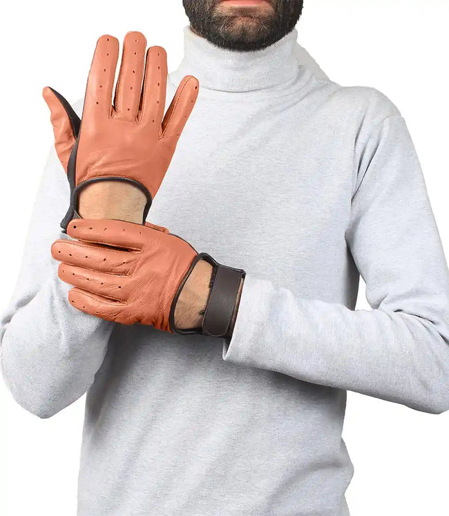 Mens Cognac and Brown Leather Gloves