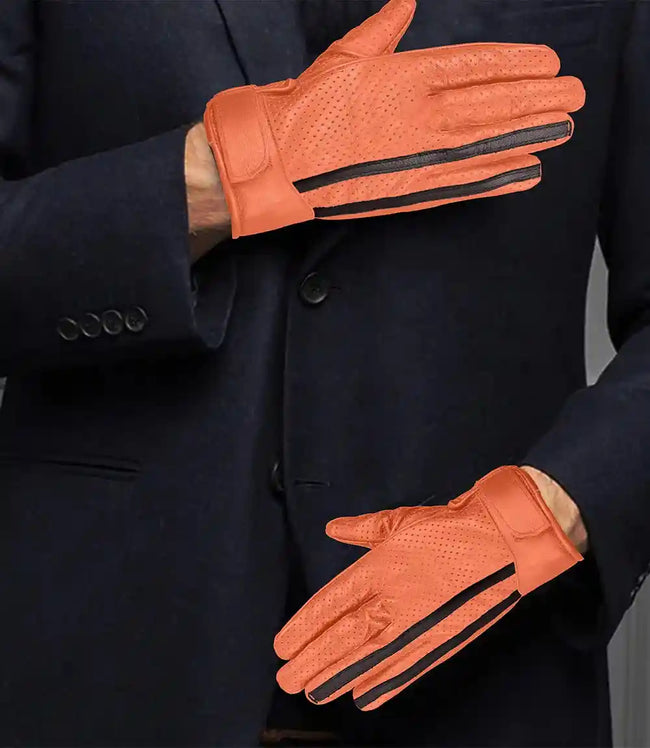 Mens Cognac Perforated Leather Gloves