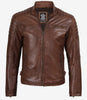 Mens Cognac Waxed Cafe Racer Leather Jacket