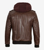 Mens Real Leather Dark Brown Bomber Jacket With Removable Hood