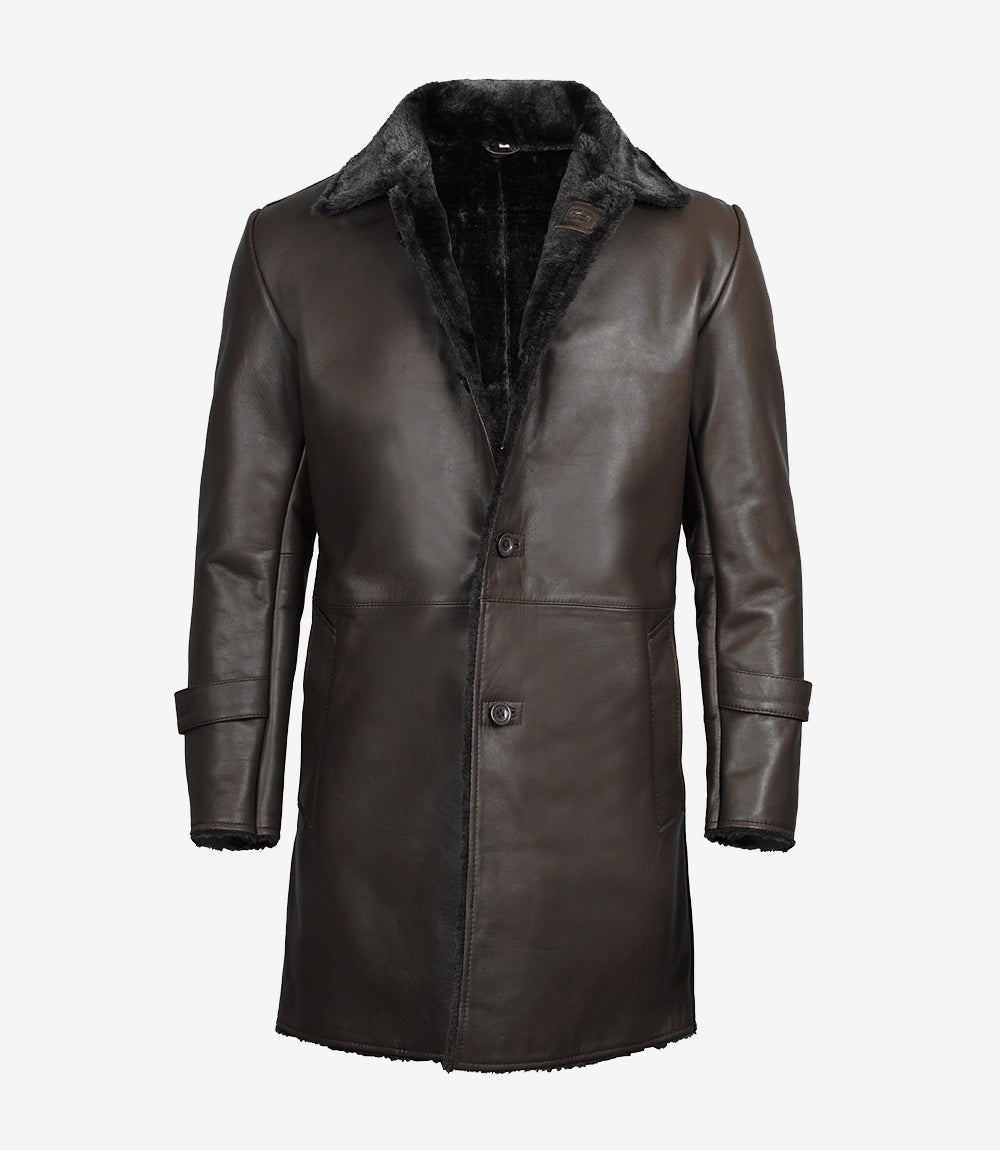 Mens Shearling Lined 3 4 Length Dark Brown Leather Coat