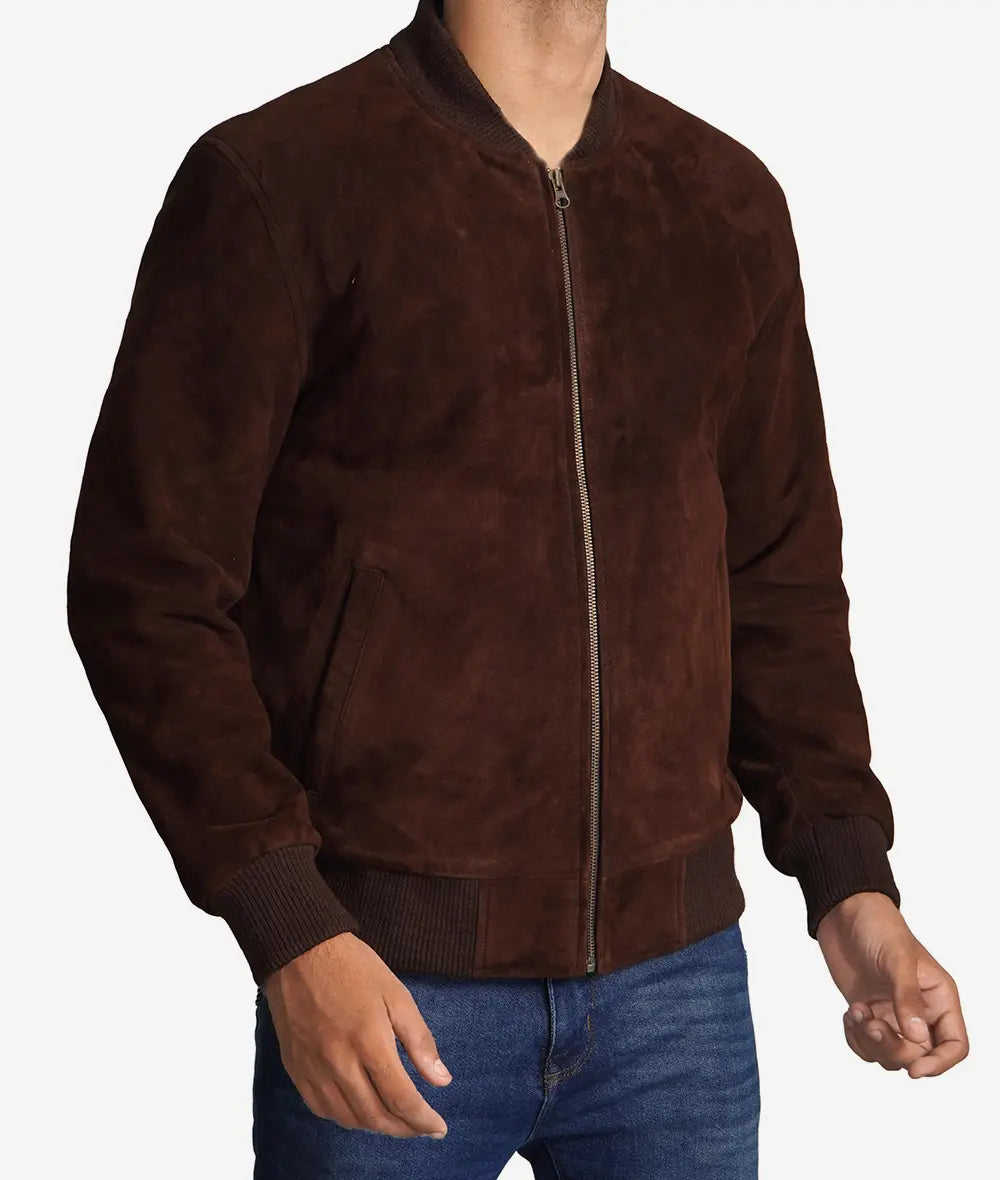 Mens Suede Leather Dark Brown Bomber Jacket