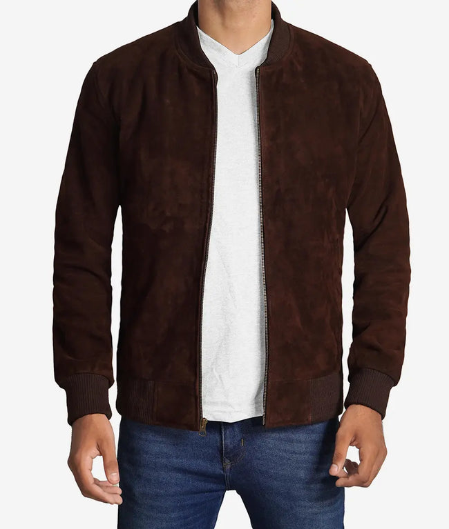 Mens Suede Leather Dark Brown Bomber Jacket