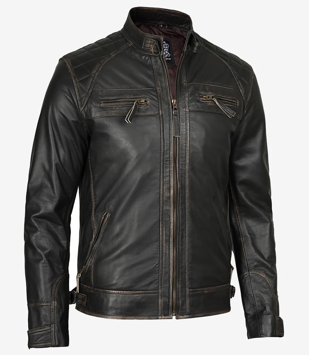 Mens Biker Distressed Brown Leather Jacket