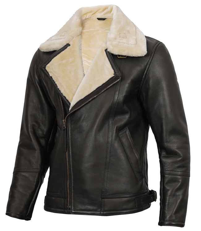 Mens Brown Shearling Lined Moto Leather Jacket
