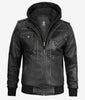 Mens Grey Leather Bomber Jacket With Removable Hood
