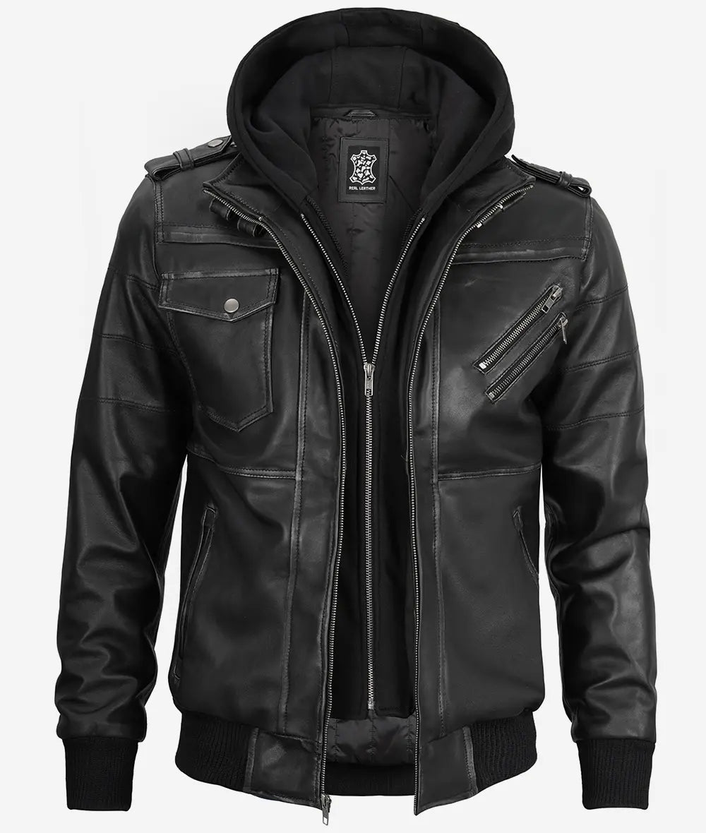 Mens Grey Leather Bomber Jacket With Removable Hood
