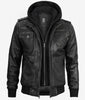 Mens Grey Leather Bomber Jacket With Removable Hood