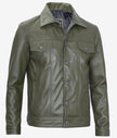 Mens Four Pockets Green Leather Trucker Jacket