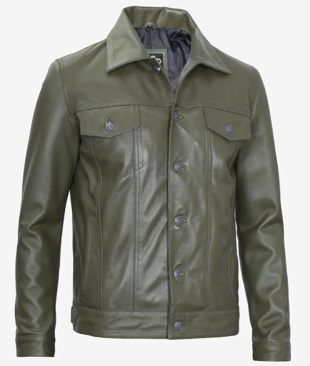 Mens Four Pockets Green Leather Trucker Jacket