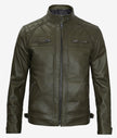 Mens Quilted Shoulder Green Cafe Racer Leather Jacket