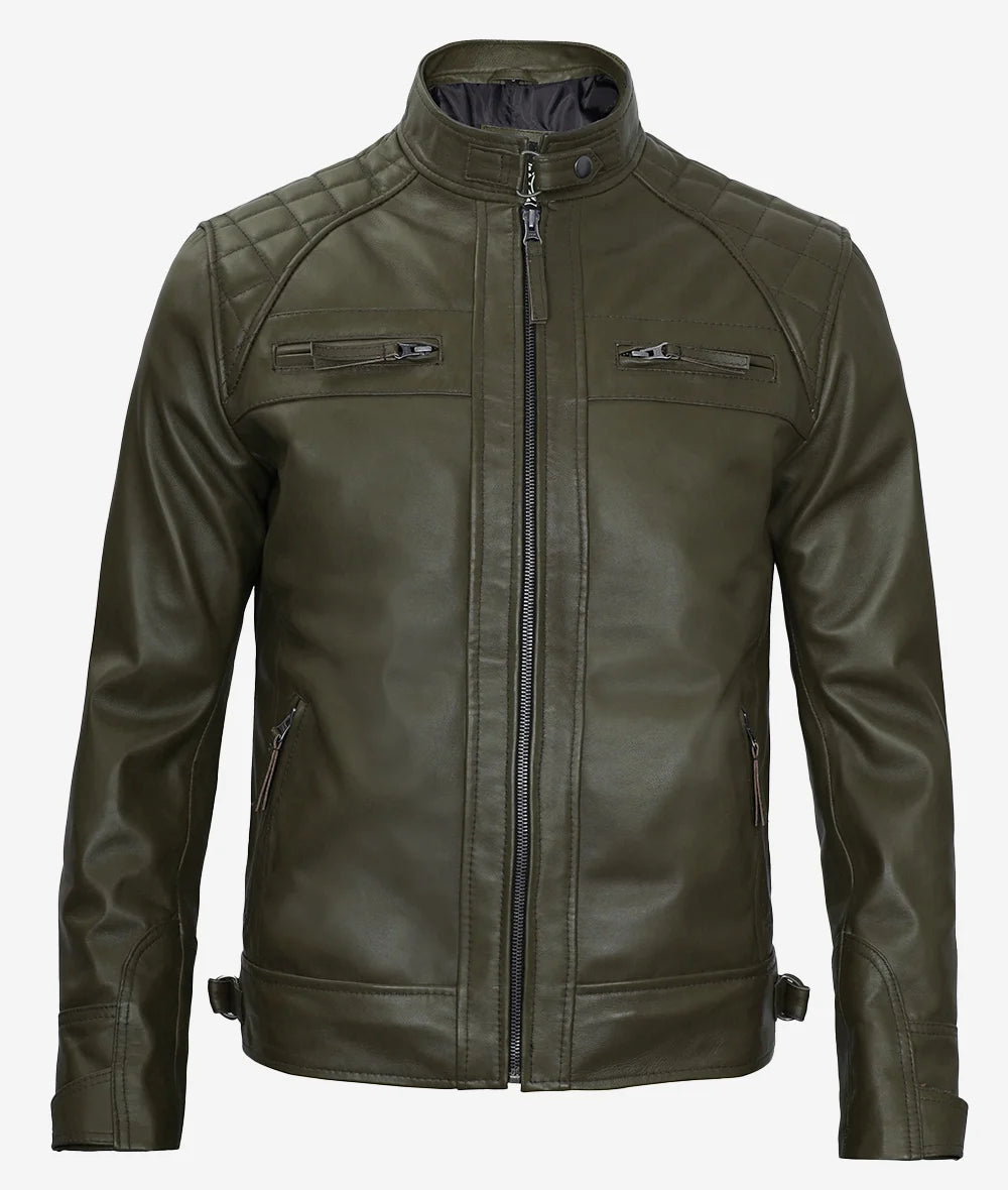 Mens Quilted Shoulder Green Cafe Racer Leather Jacket