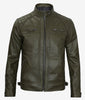 Mens Quilted Shoulder Green Cafe Racer Leather Jacket