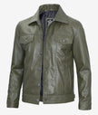 Mens Four Pockets Green Leather Trucker Jacket