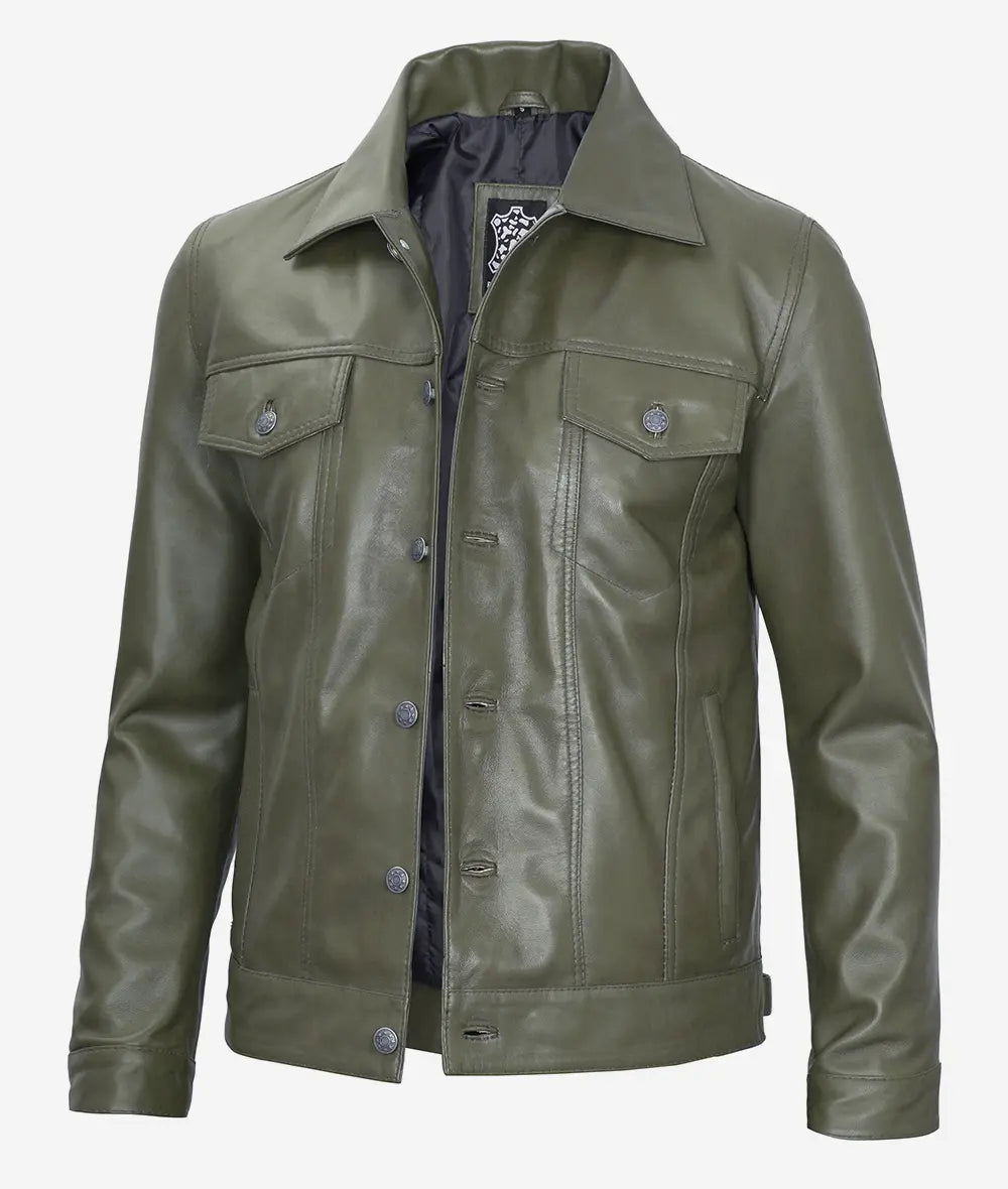 Mens Four Pockets Green Leather Trucker Jacket