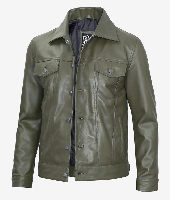 Mens Four Pockets Green Leather Trucker Jacket