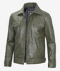 Mens Four Pockets Green Leather Trucker Jacket