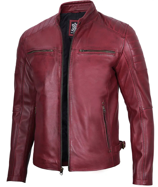 Mens Maroon Waxed Cafe Racer Leather Jacket
