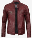 Mens Maroon Distressed Cafe Racer Leather Jacket